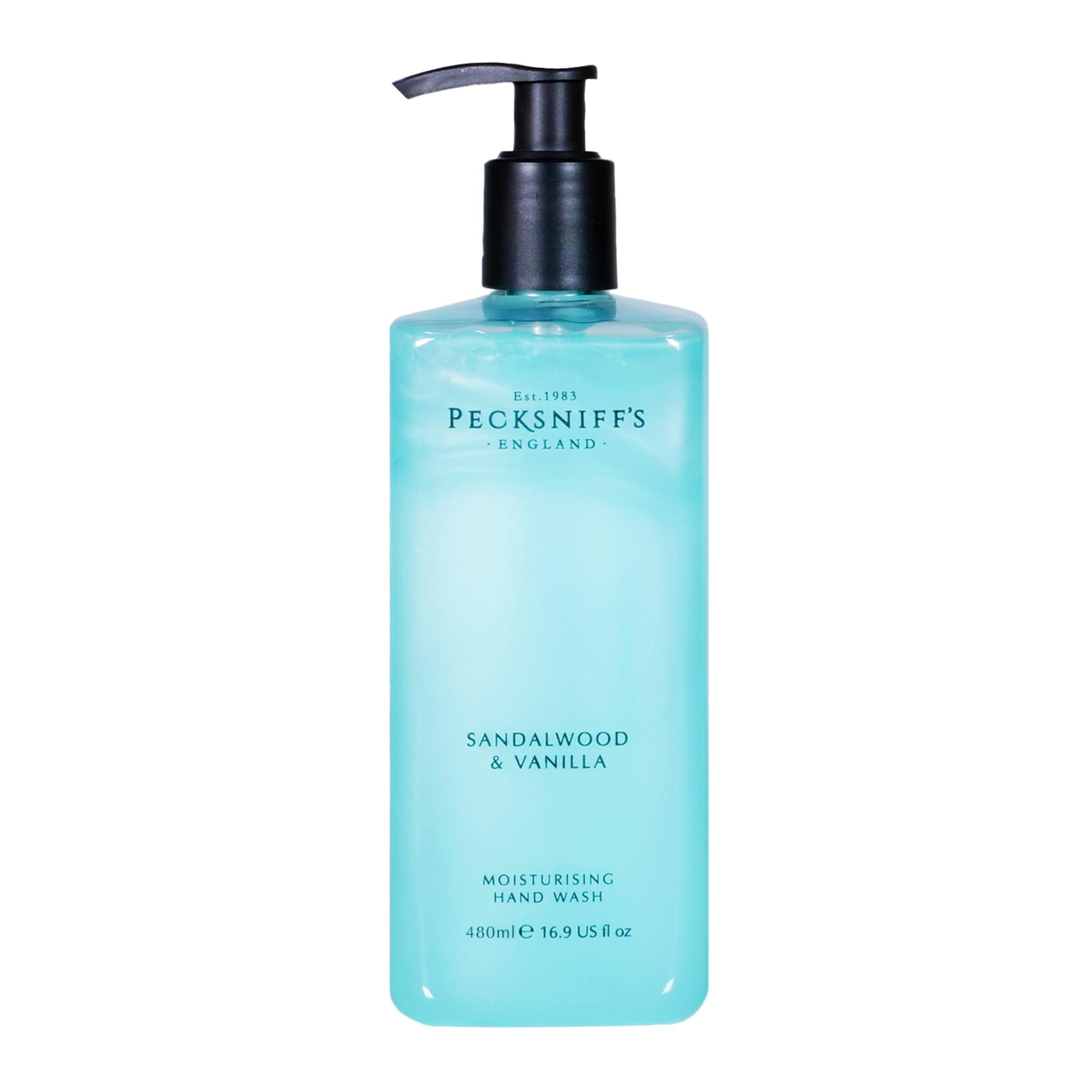Pecksniff's Hand Wash bottle on display with Sandalwood and Vanilla fragrance for luxury.