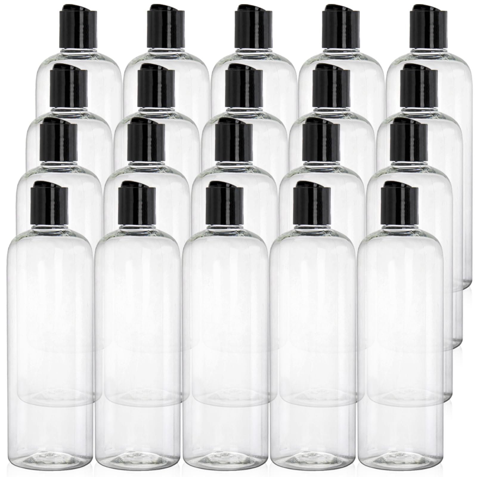 Botellas Peohud transparentes de 16 onzas con disc top para almacenamiento seguro.