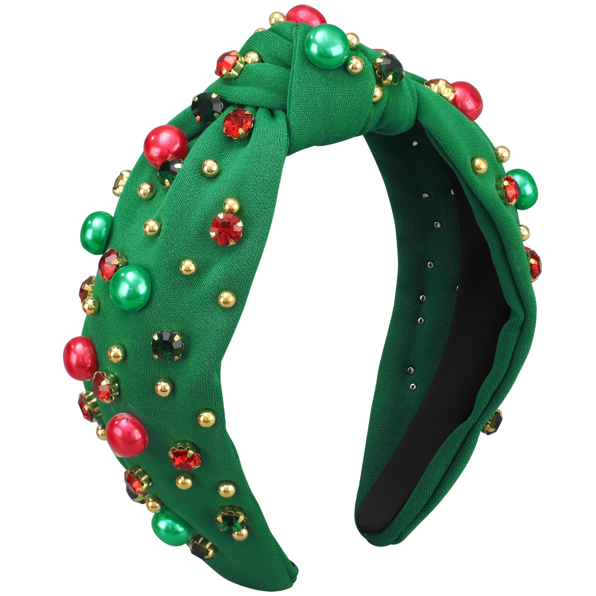 Diadema navideña de Peony Man con nudo verde y cristales, ideal para celebraciones.