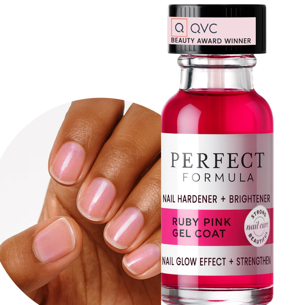 Perfect Formula capa de gel rosado rubí, secado rápido en uñas naturales.