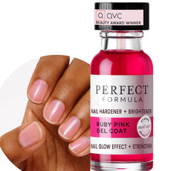 Perfect Formula capa de gel rosado rubí, secado rápido en uñas naturales.