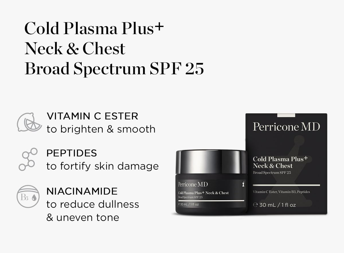 Aplicación diaria de Perricone MD Cold Plasma para piel suave en cuello.