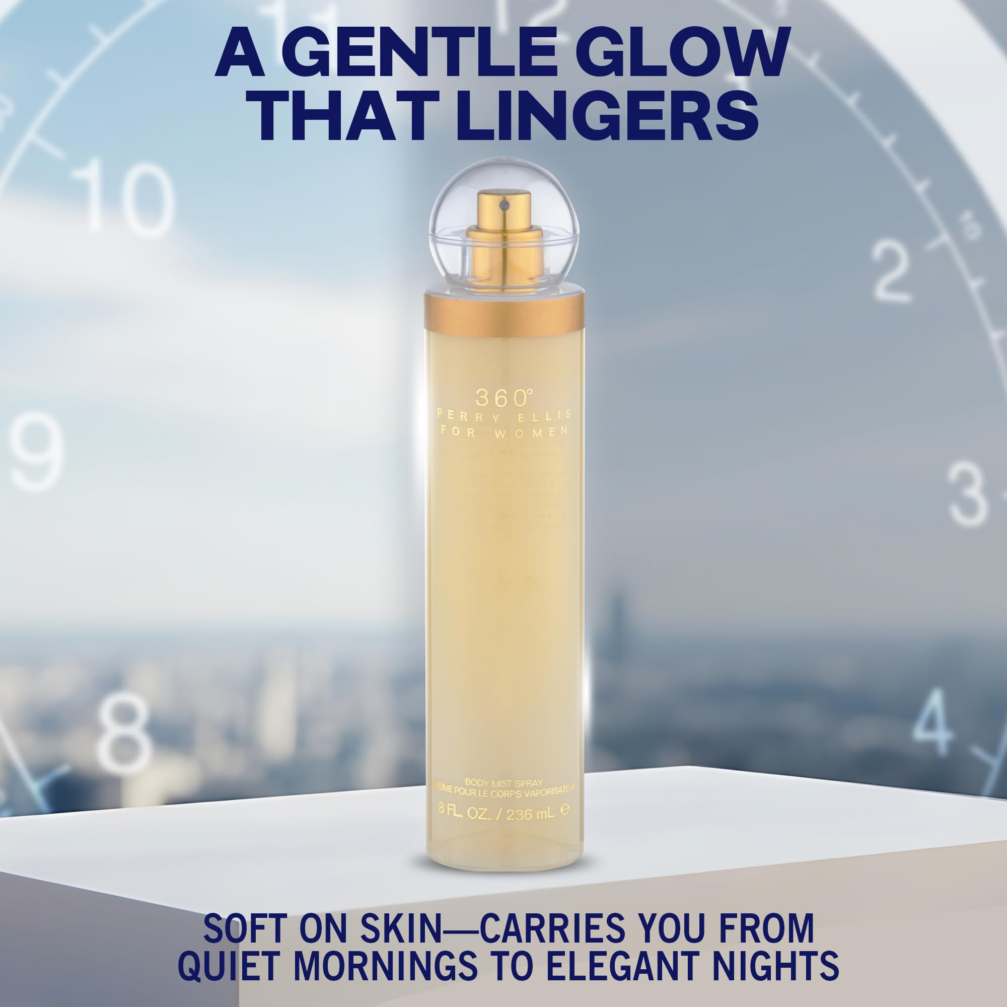 Perry Ellis 360° base ámbar, vetiver y almizcle para una estela duradera.