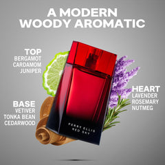 Perry Ellis Red Sky, primer plano de la botella, notas especiadas que inspiran confianza.