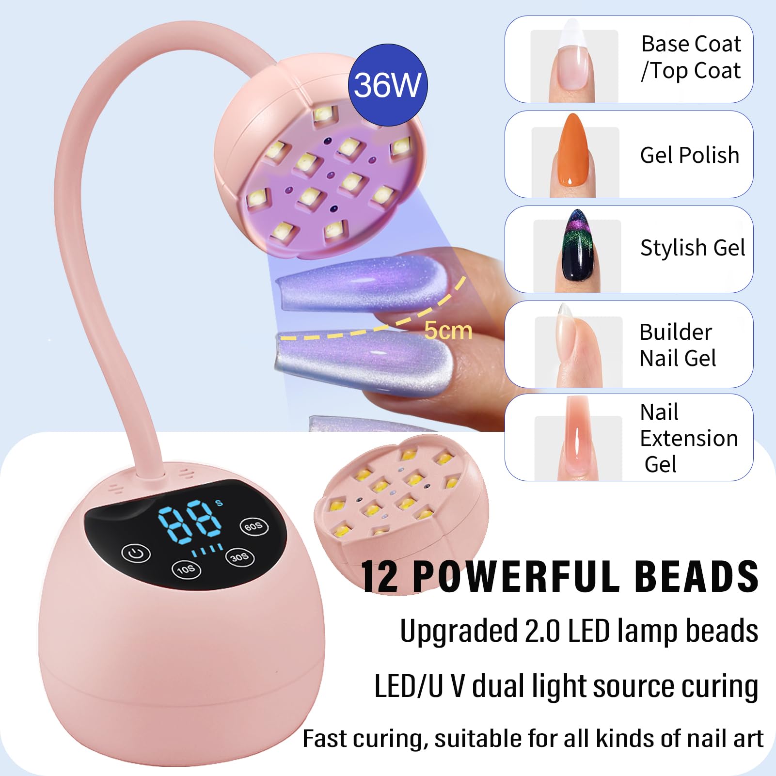 La lámpara PHain UV-LED con 3 tiempos y LCD facilita el curado.