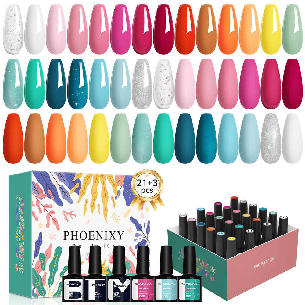Set Phoenixy de gel para uñas con 21 colores, ideal para manicuras creativas.
