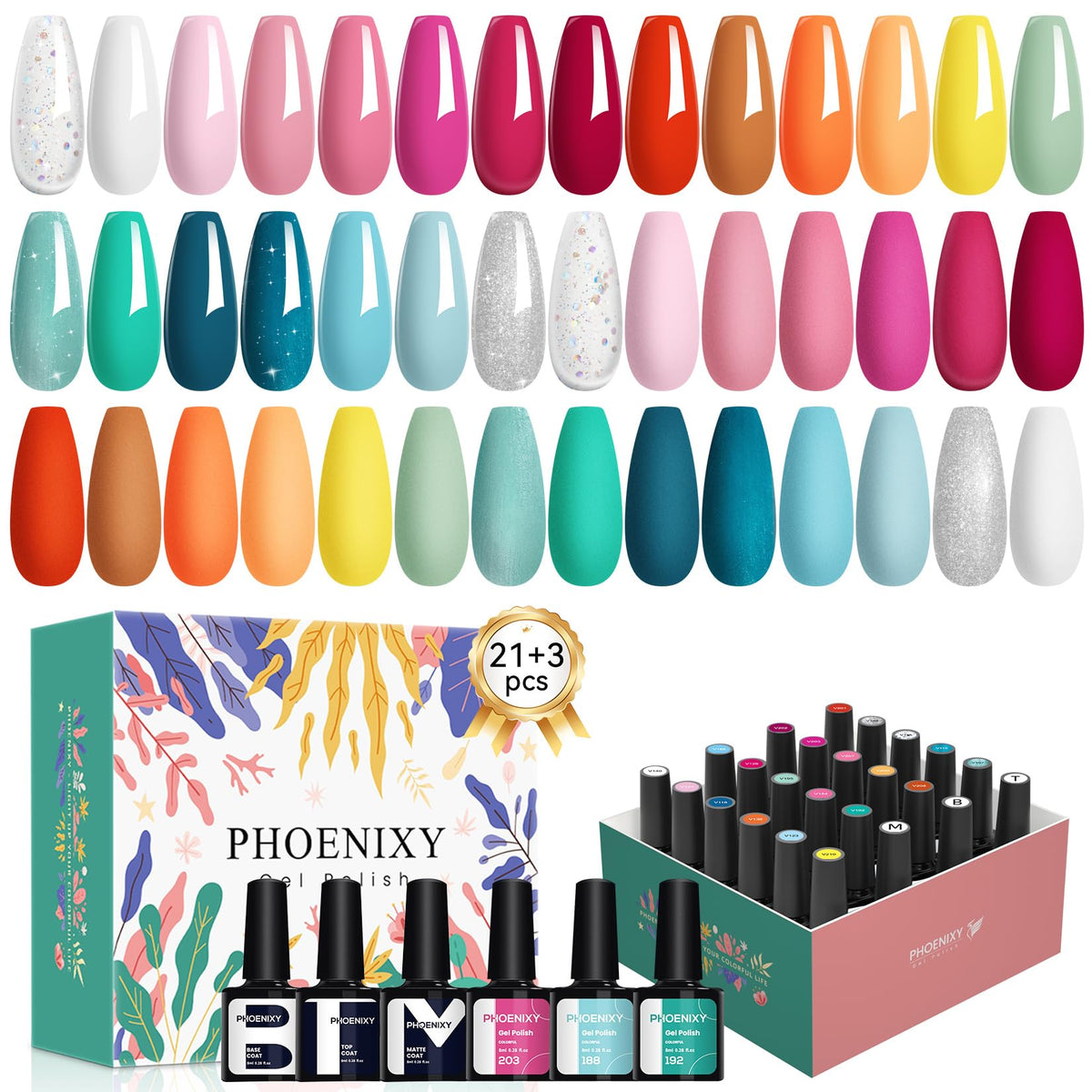 Set Phoenixy de gel para uñas con 21 colores, ideal para manicuras creativas.