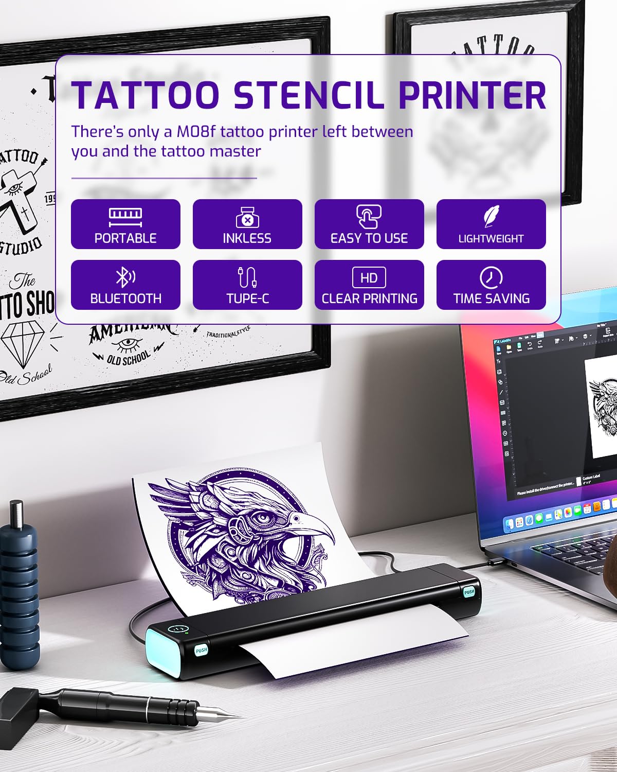 Phomemo M08F batería integrada facilita sesiones de tatuaje prolongadas.