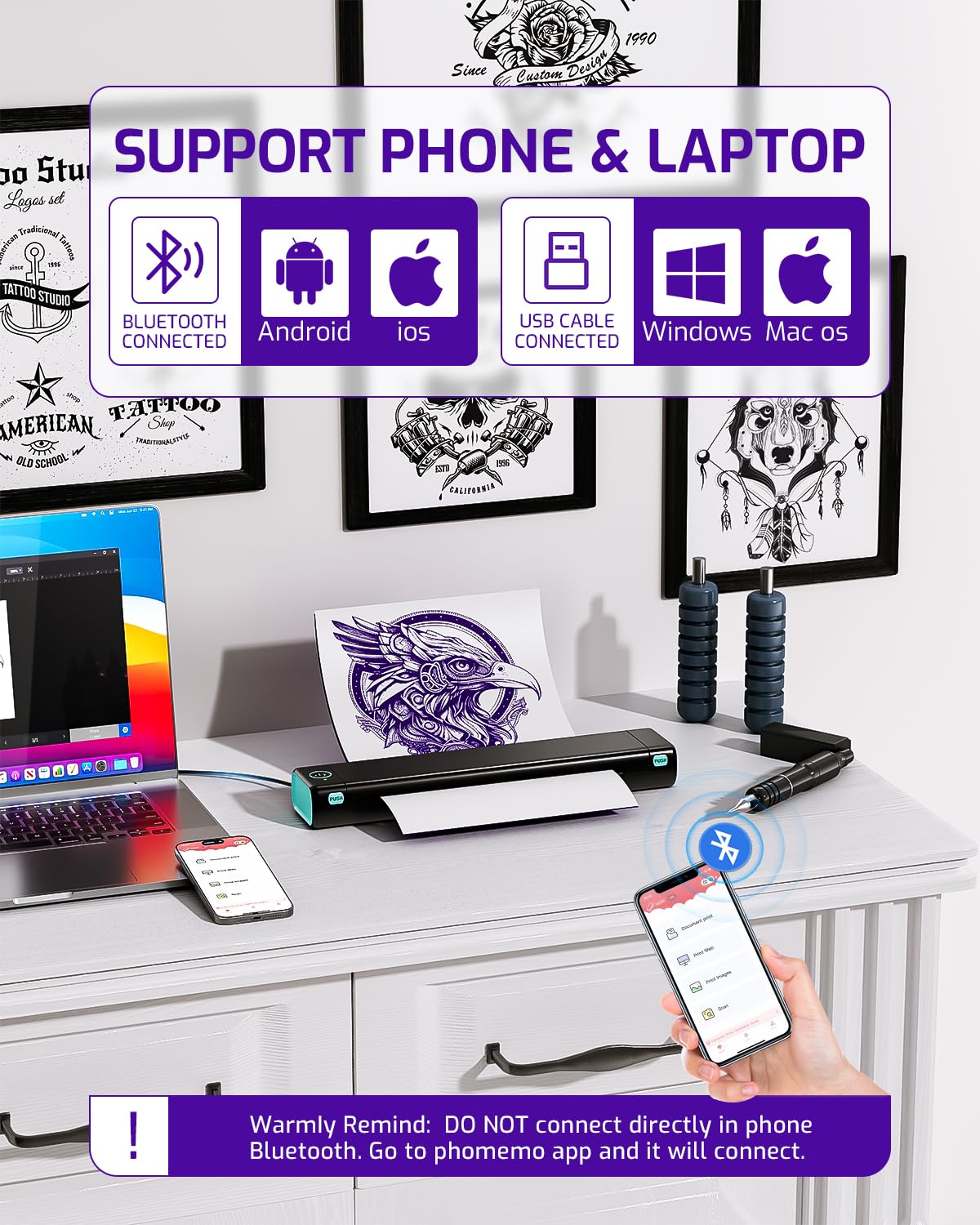 Phomemo M08F conectividad inalámbrica para imprimir desde teléfono.