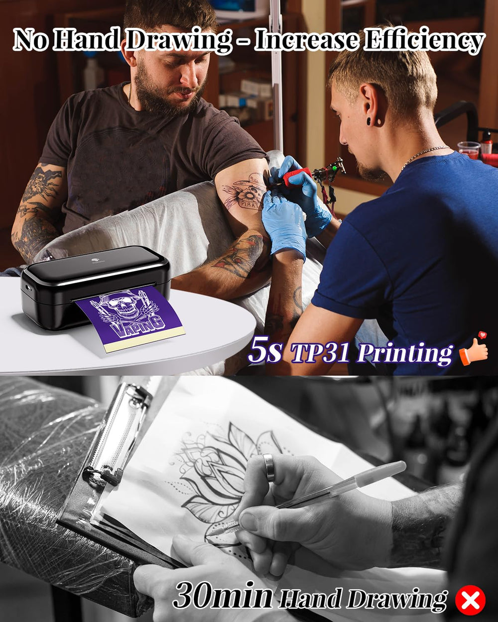 Phomemo TP31 imprime rápidamente para bocetos de tatuaje.