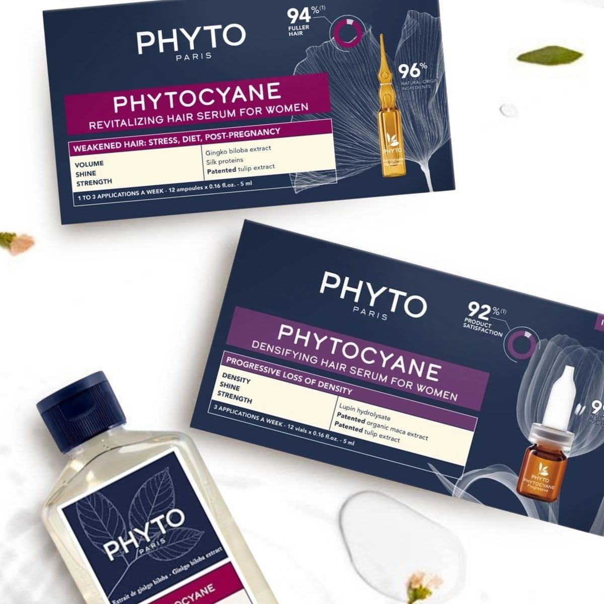 PHYTO PHYTOCYANE frasco con romero; aroma herbáceo suave durante el lavado.