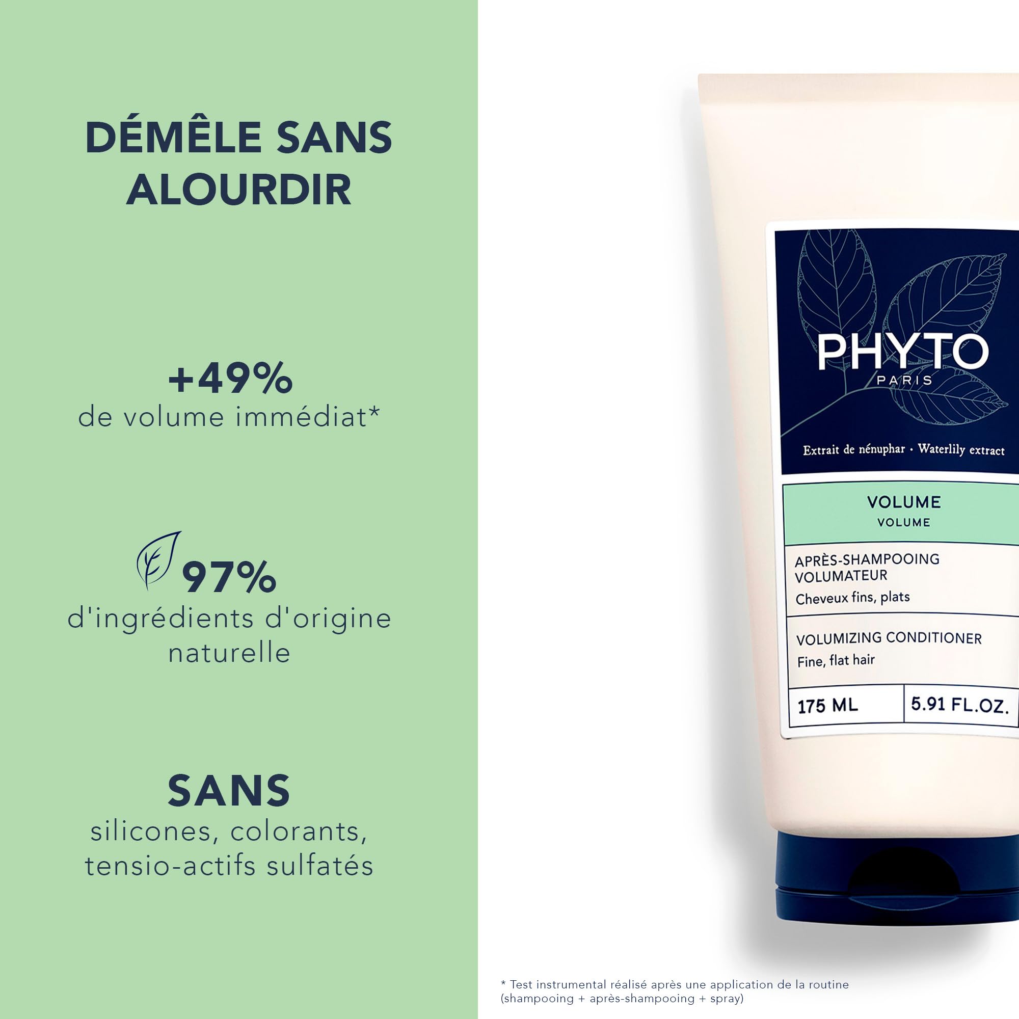 PHYTO VOLUME Textura cremosa del producto, facilita la distribución y mejora el peinado.