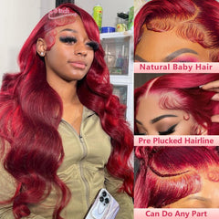 Pidrez peluca frontal con encaje burdeos 99j para ondas corporales suaves