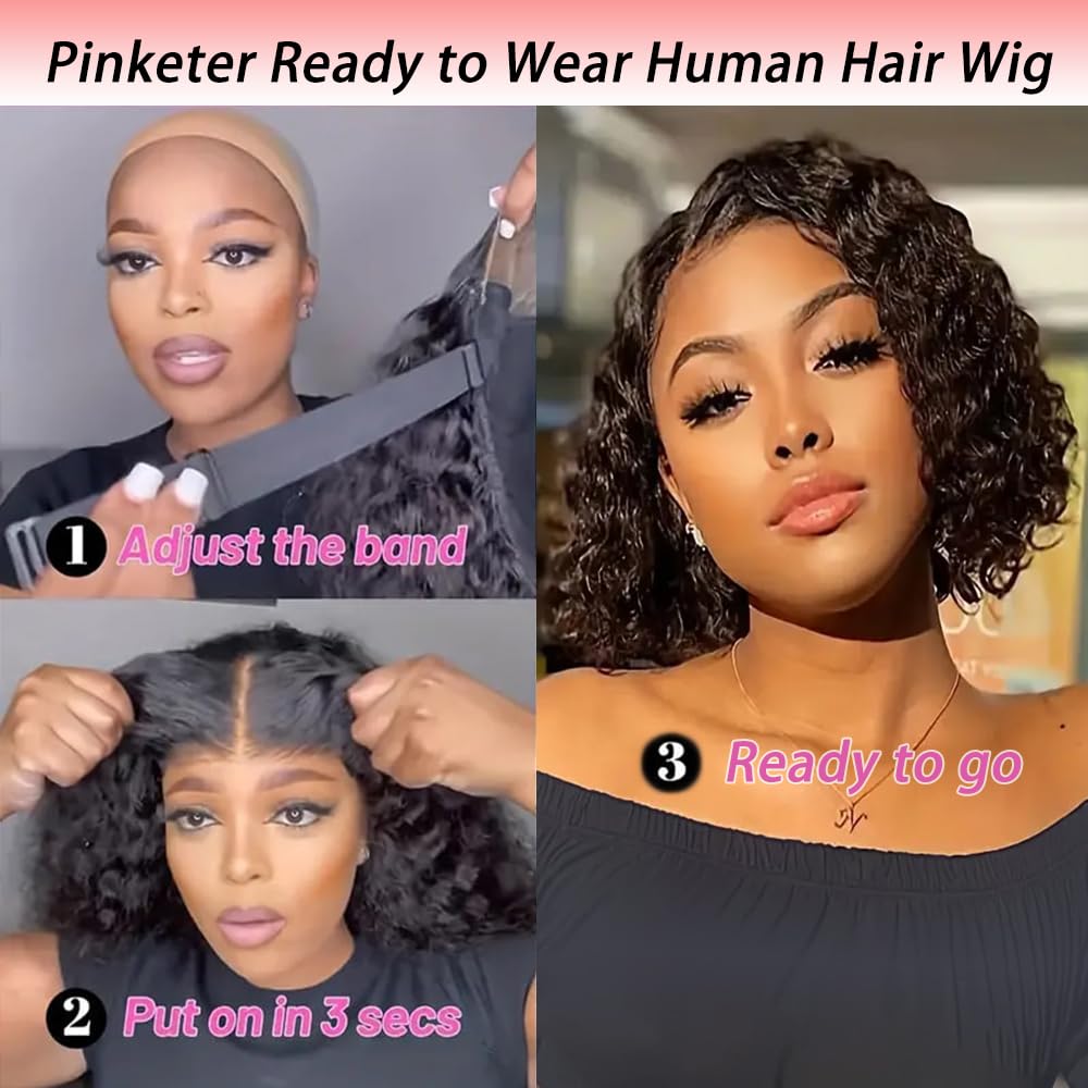 Pinketer peluca bob rizo profundo, pre-corte para ajustar