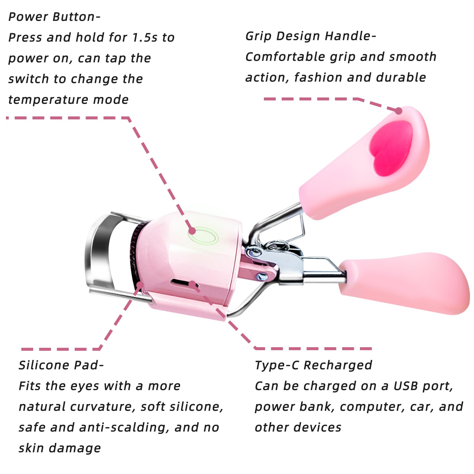 Pinkiou curvador de pestañas, diseño ergonómico y compacto.
