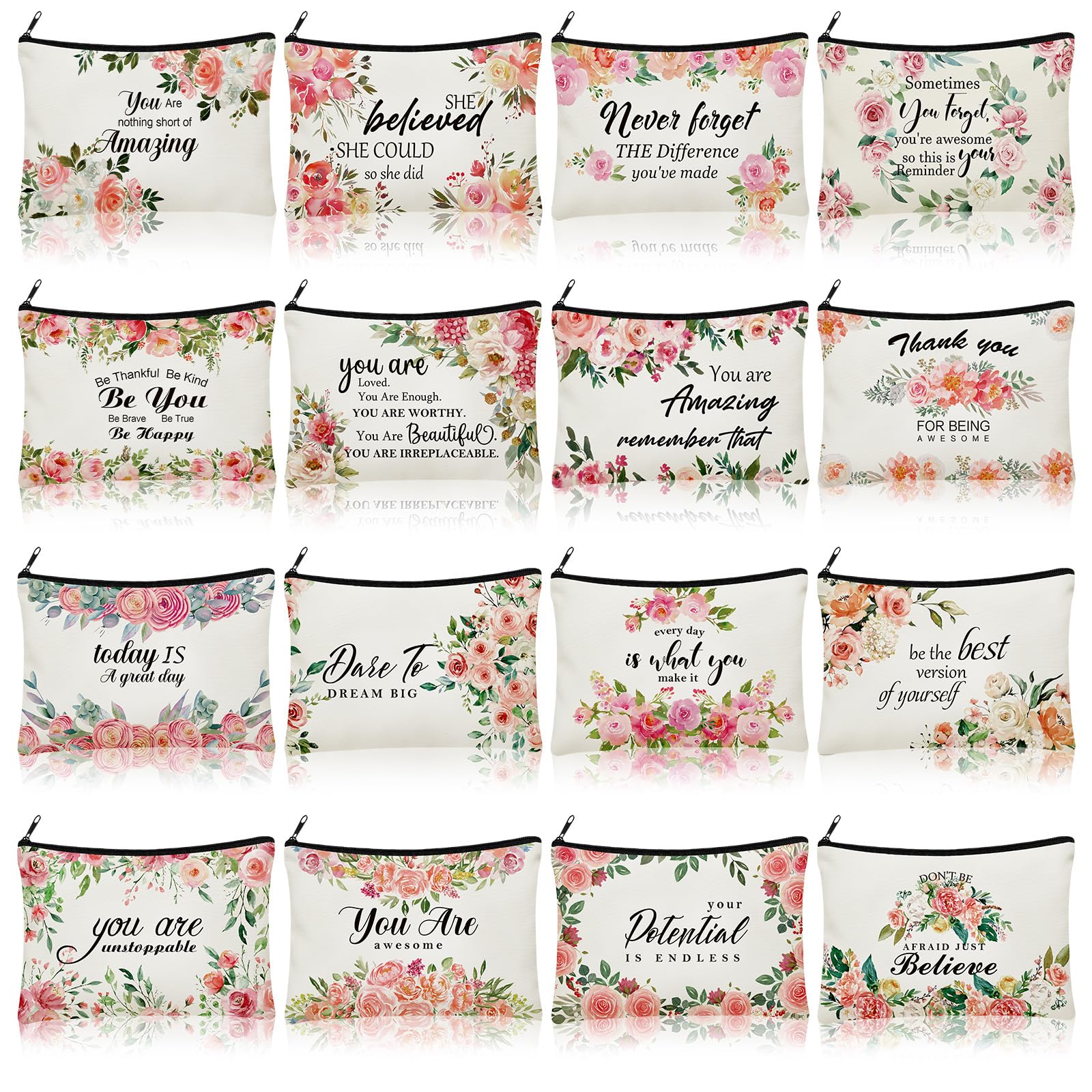 Bolsas Pinkunn con flor en lienzo, ideales para viajar y organizar maquillaje.