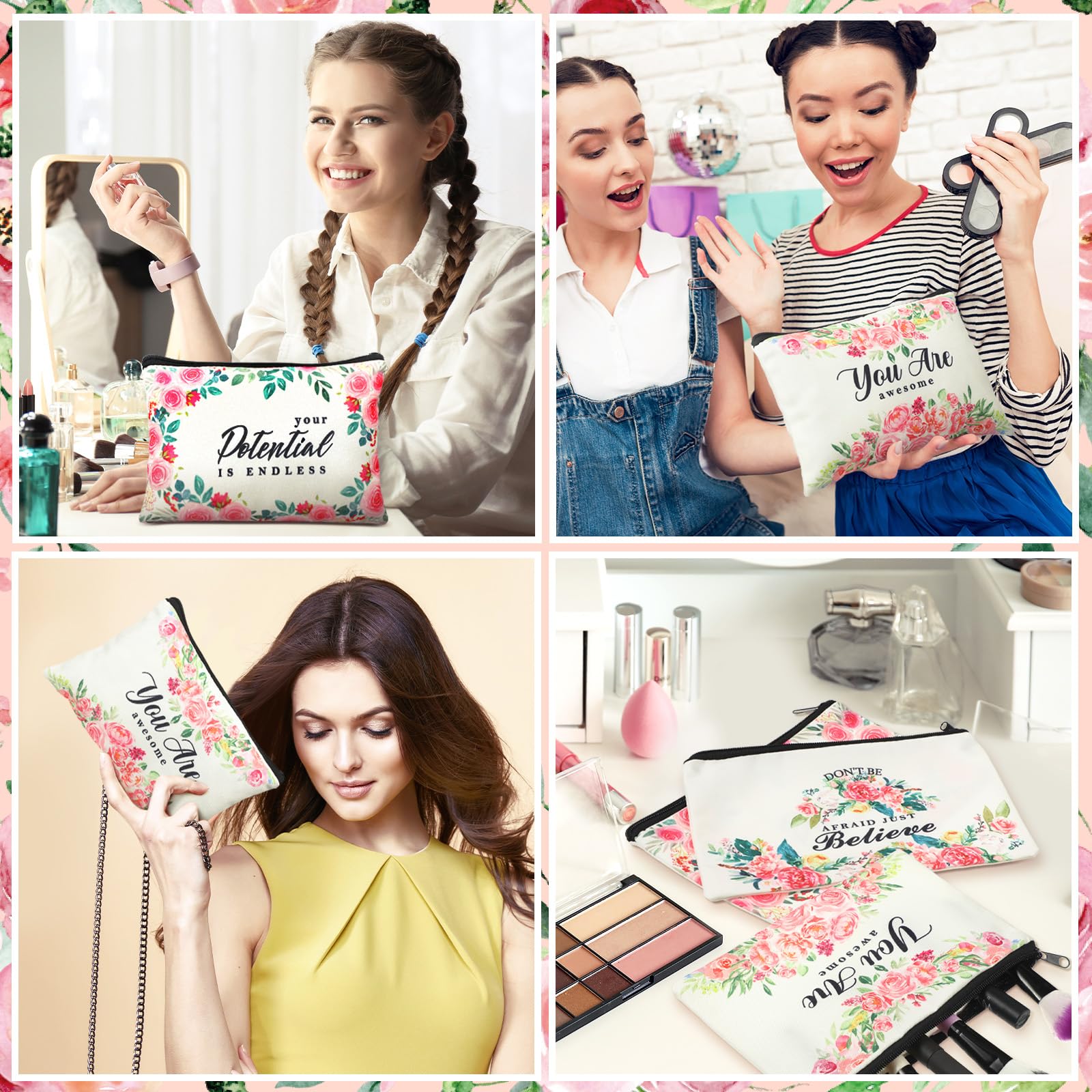 Bolsita Pinkunn con motivo floral, útil como regalo o detalle inspirador.