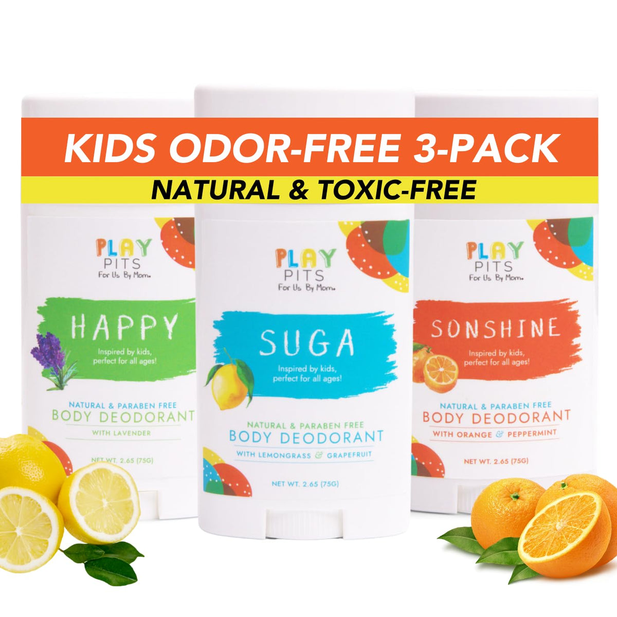 Play Pits Happy envase, opción suave para piel sensible y uso diario.
