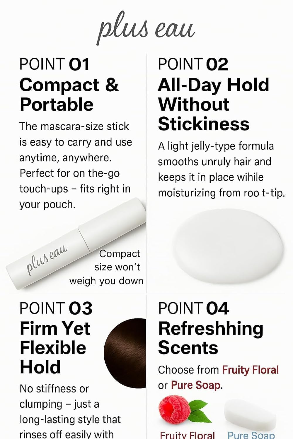 Plus Eau barra control cabello fino: mantiene peinado sin residuos.
