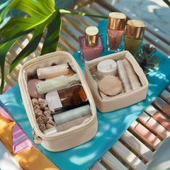 Pocmimut organizador belleza beige: estilo sobrio para viajes.