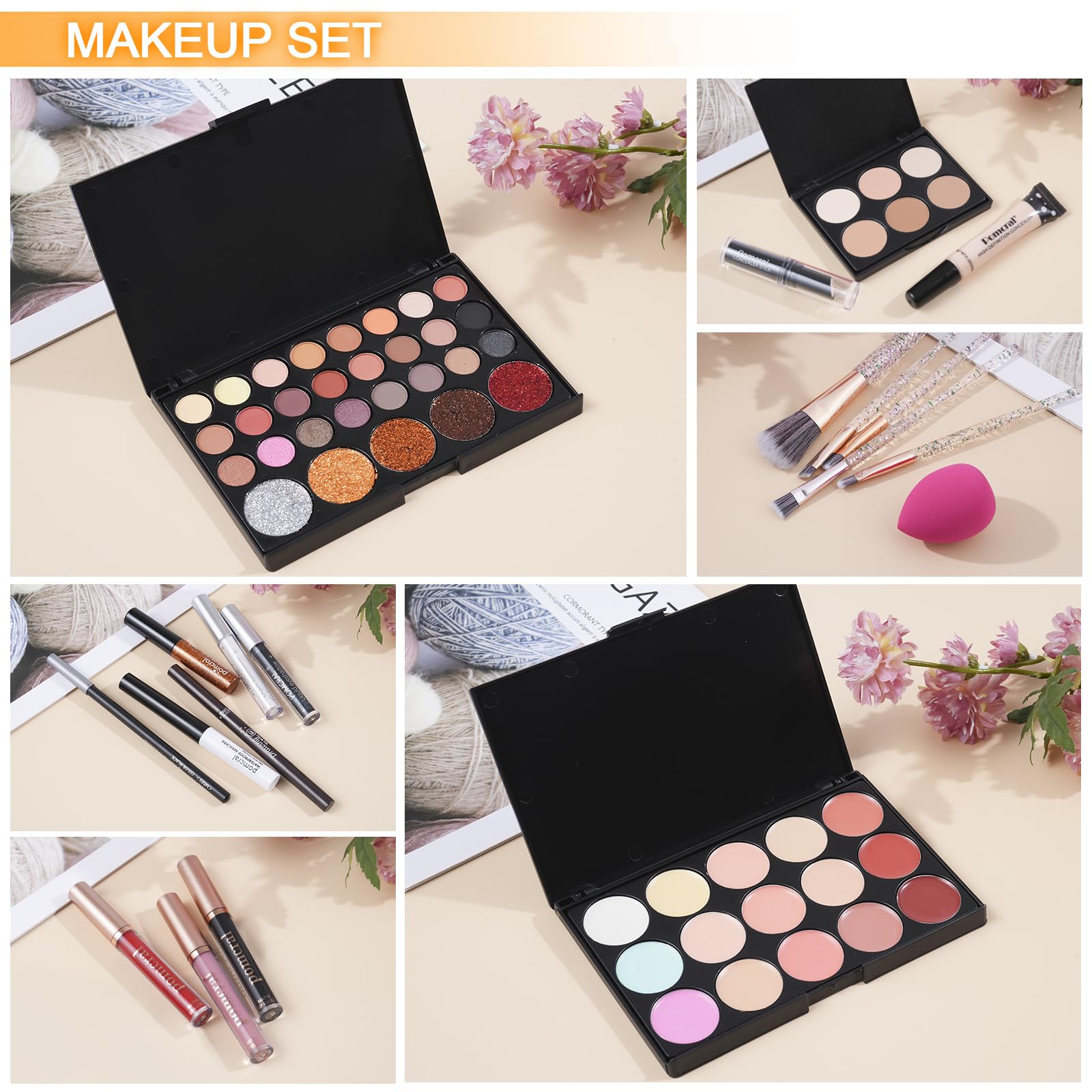 Pomcral kit maquillaje profesional, estuche rosa para viajar con estilo y organización.