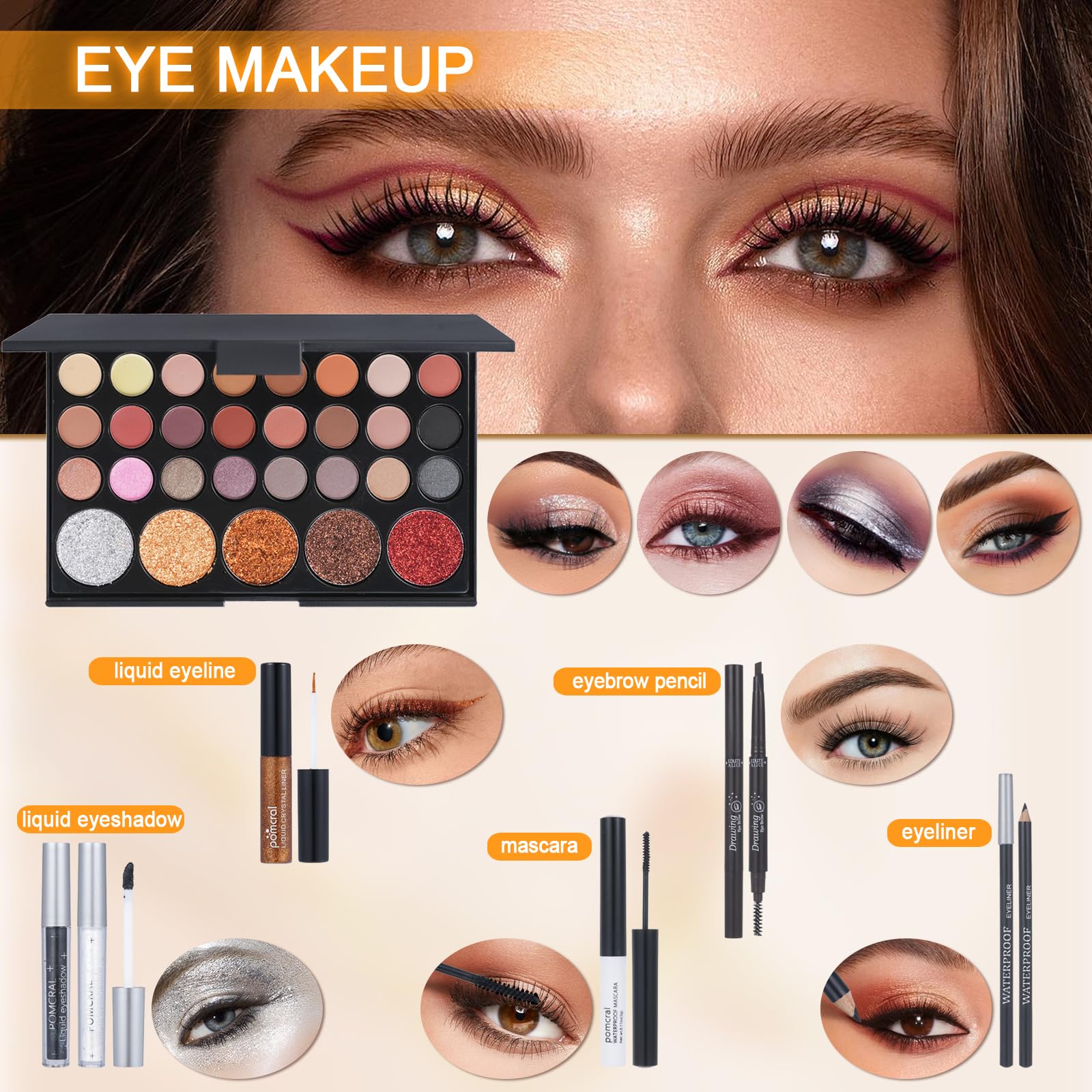 Pomcral kit maquillaje profesional, paletas sombras variadas para looks neutros, shimmer y glitter.