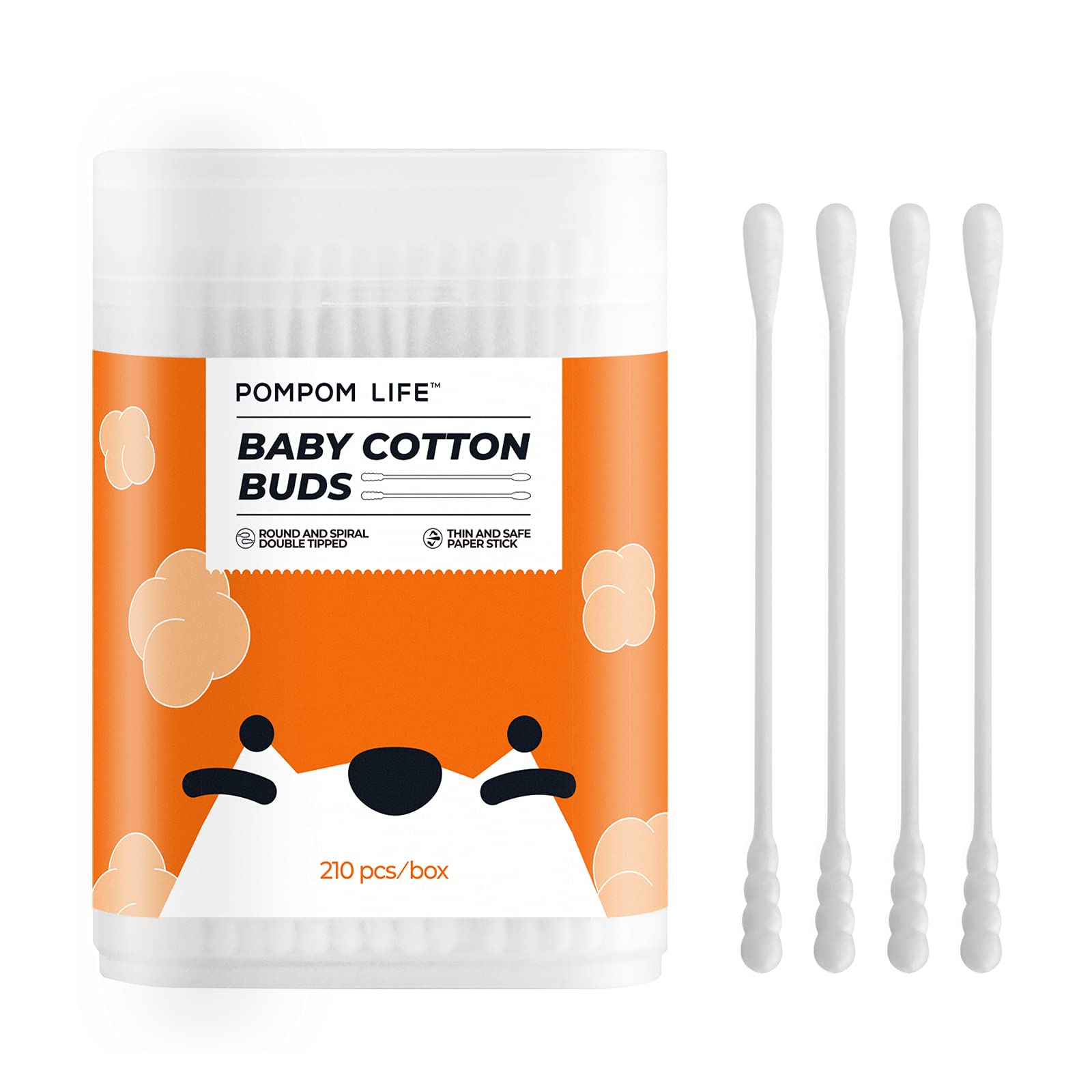 POMPOM LIFE: hisopos de algodón para bebés, empaque compacto y suave.