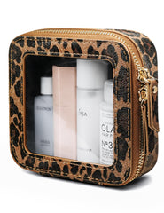 Bolso de maquillaje Popvibe transparente con estampado leopardo, ideal para ver tus esenciales al instante.