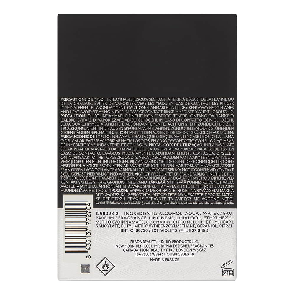 Prada Luna Rossa Carbon, envase con etiqueta visible, aroma duradero para todo el día.