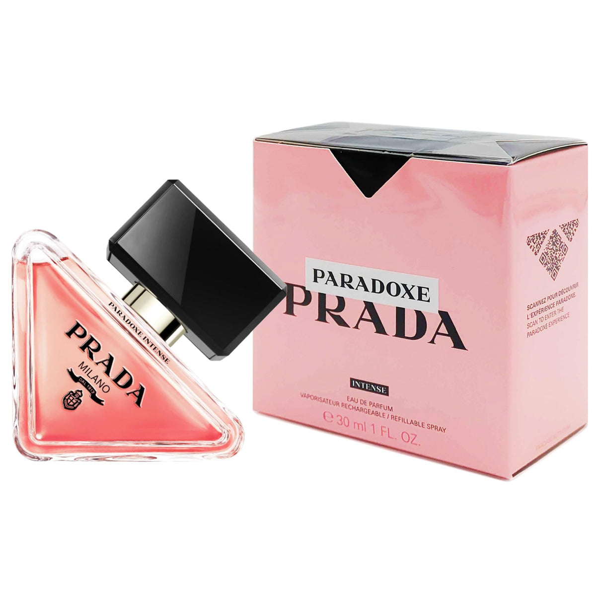 Prada Paradoxe Intense: frasco frontal, aroma floral ambarado para uso diario.