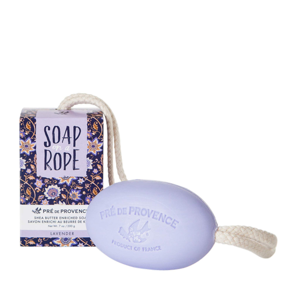 Jabón en cuerda Pre de Provence lavanda de 200 g, ideal para ducha práctica.
