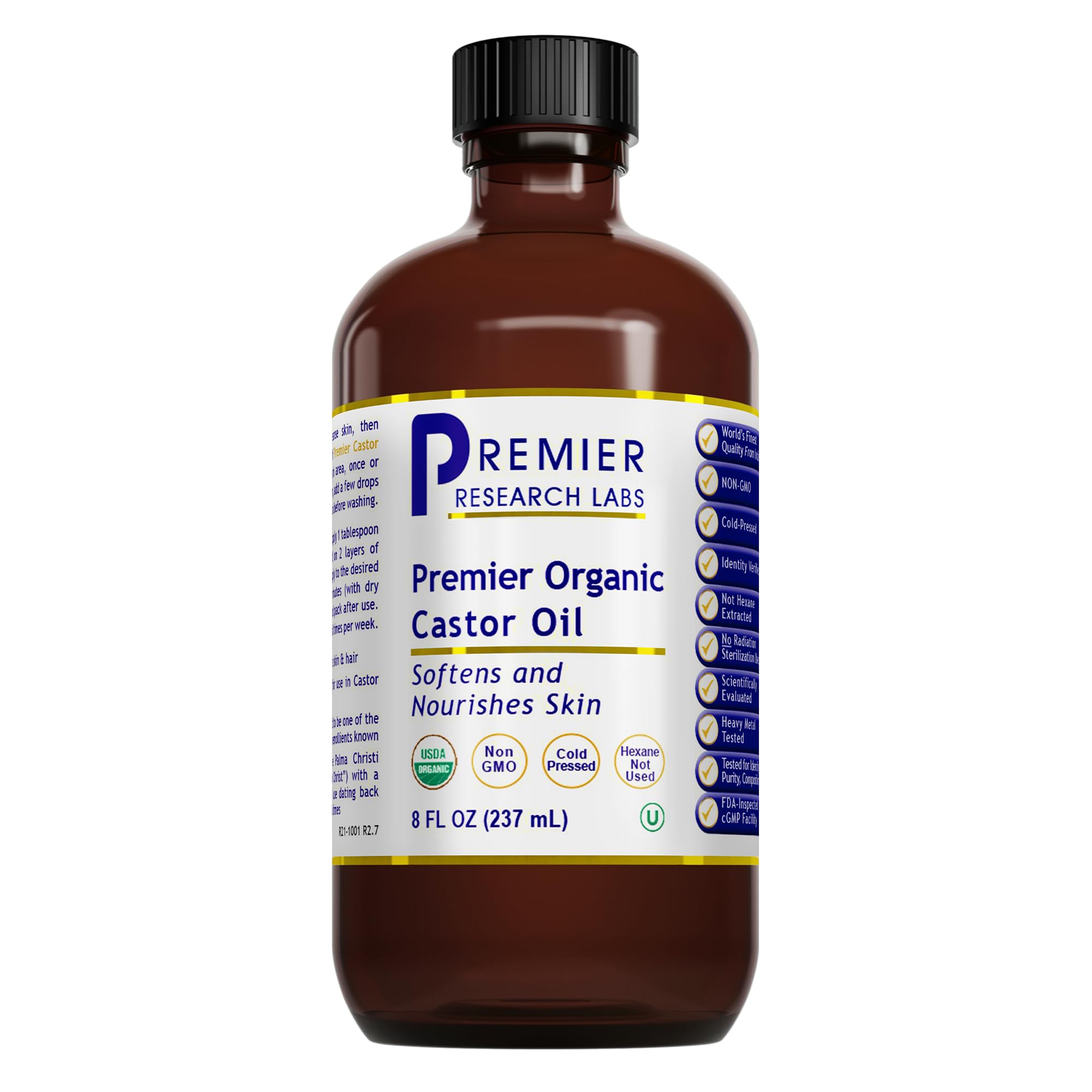 Premier Research Labs aceite de ricino orgánico: botella para uso diario en la piel.
