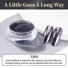 Pretty Diva chrome powder on nail swatches creates reflective metallic effects.