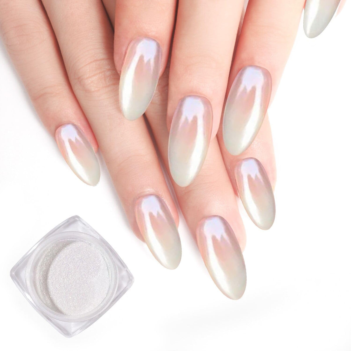 Polvo cromado perlado blanco de Pretty Diva para un brillo duradero en uñas.