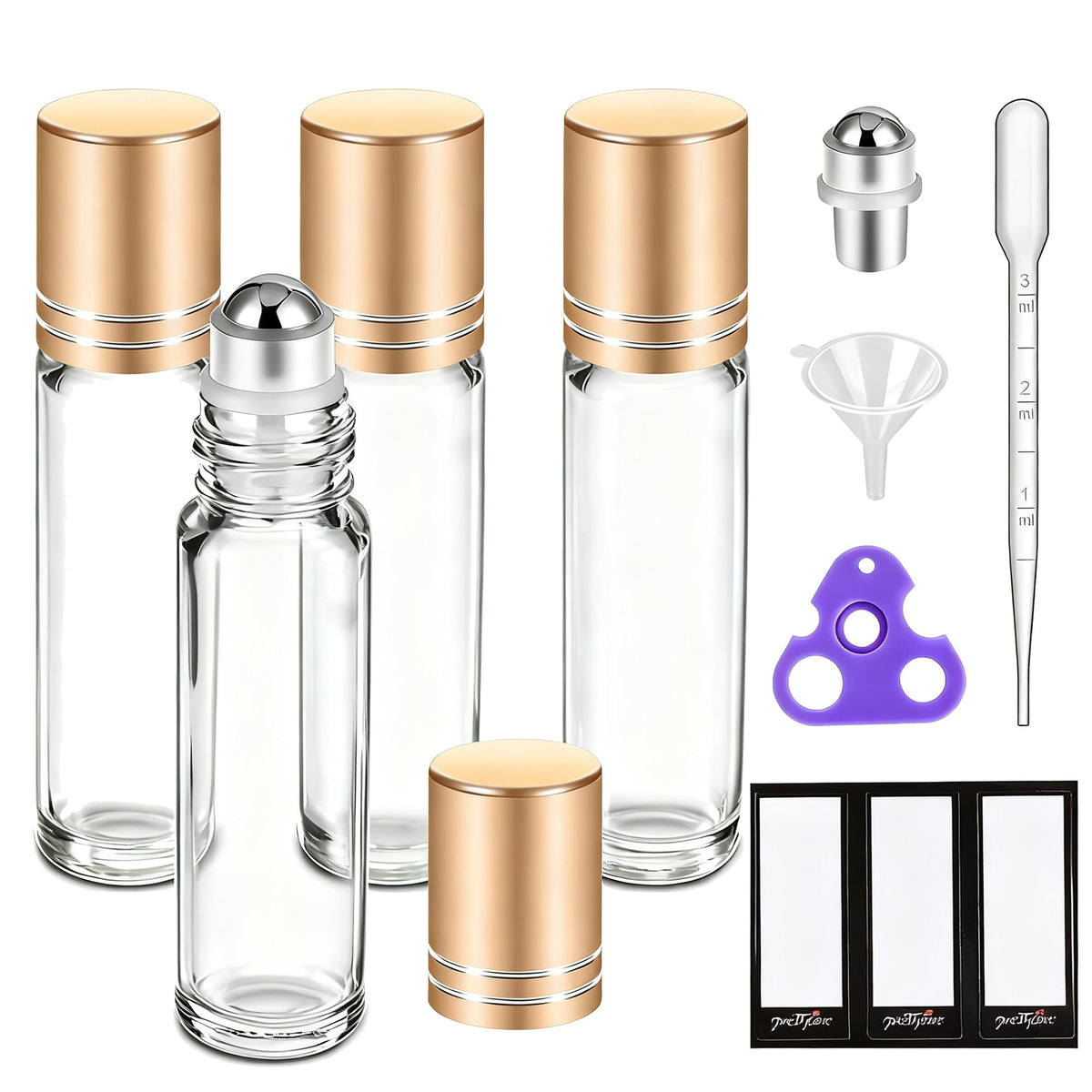 PrettyCare 4 Pack: botellas roll-on de 10 ml con vidrio grueso para viaje