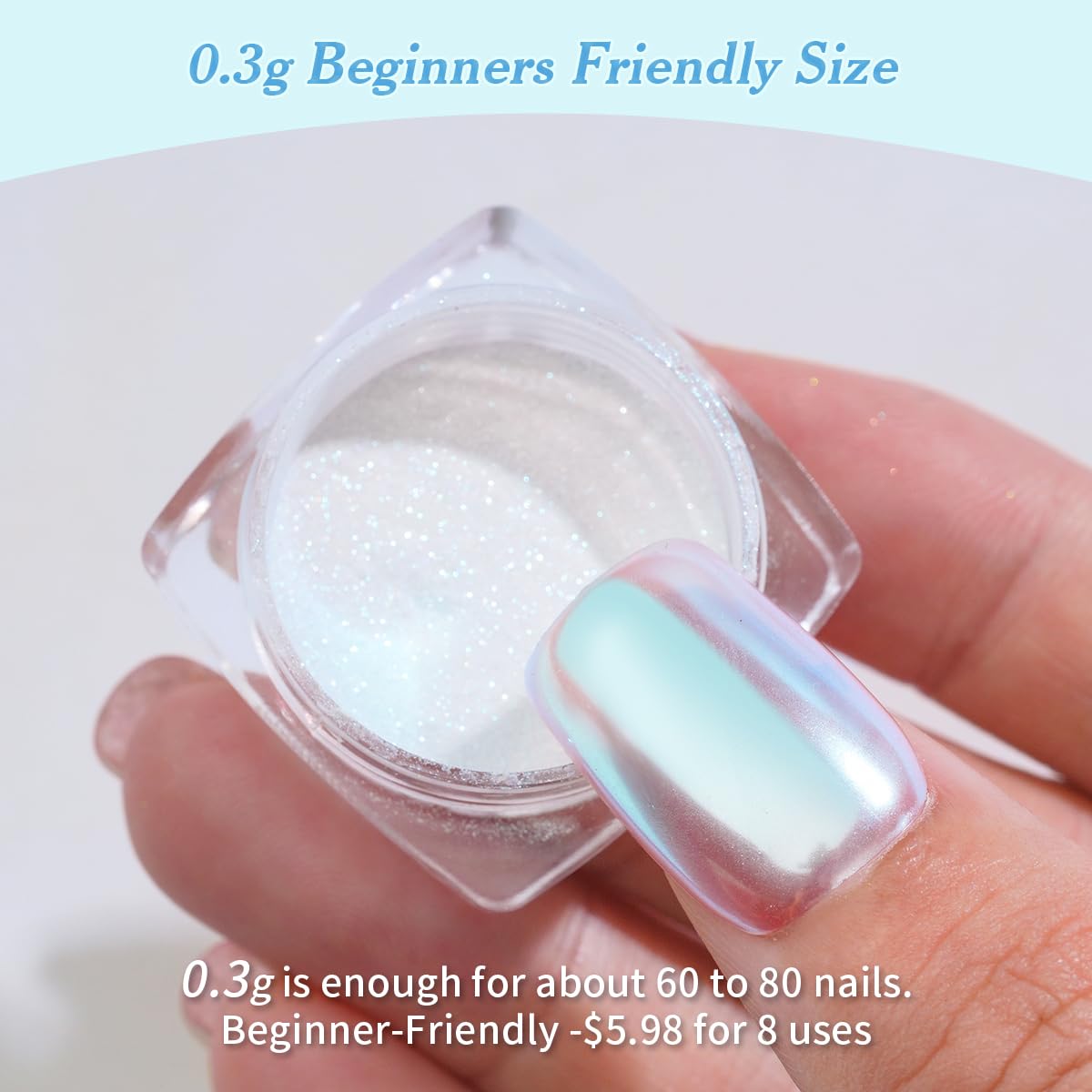 Pretty Diva efecto mermaid cromado primer plano para uñas brillantes.