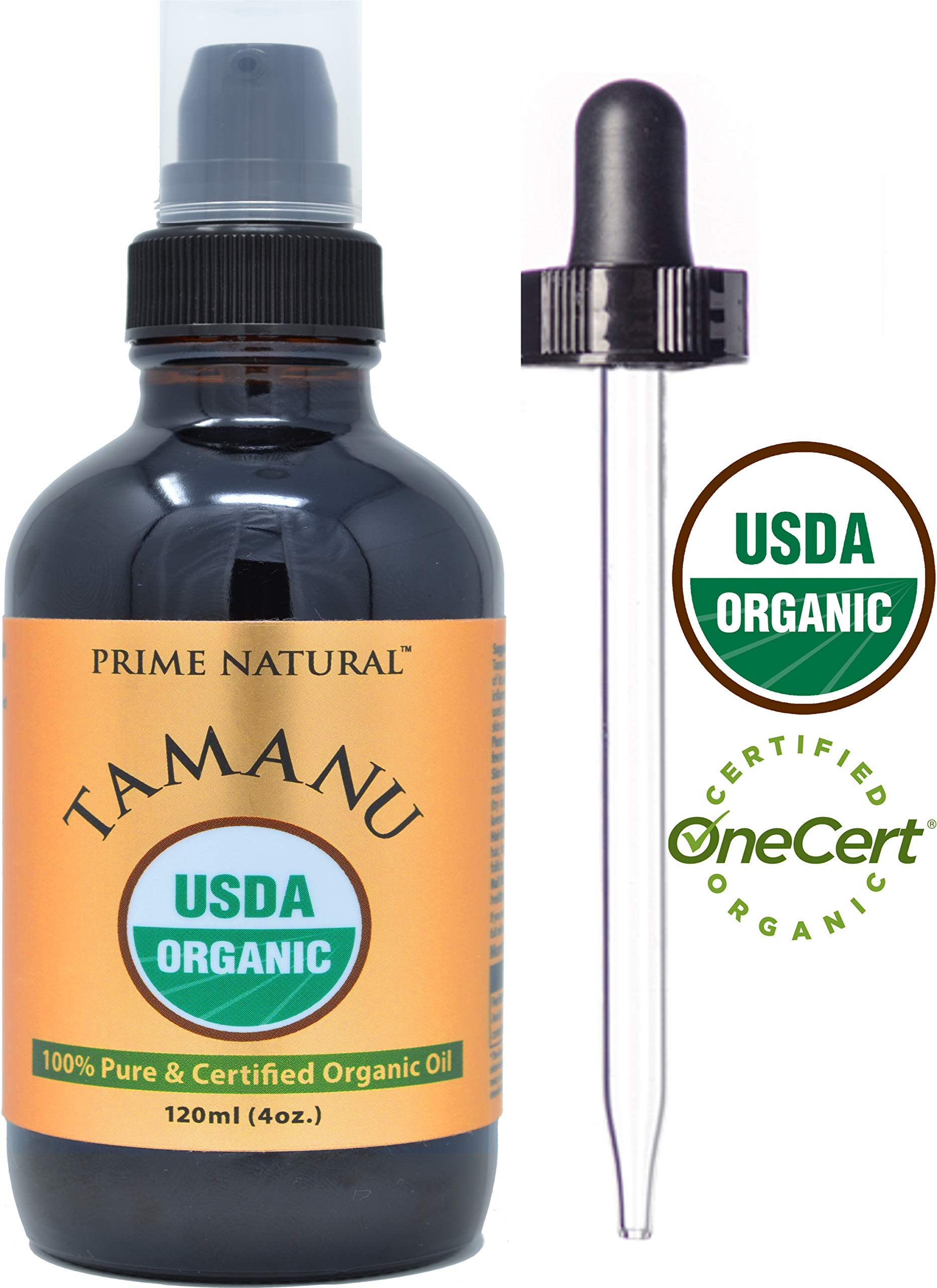 Frasco ámbar Prime Natural Tamanu con bomba para dispensación controlada.