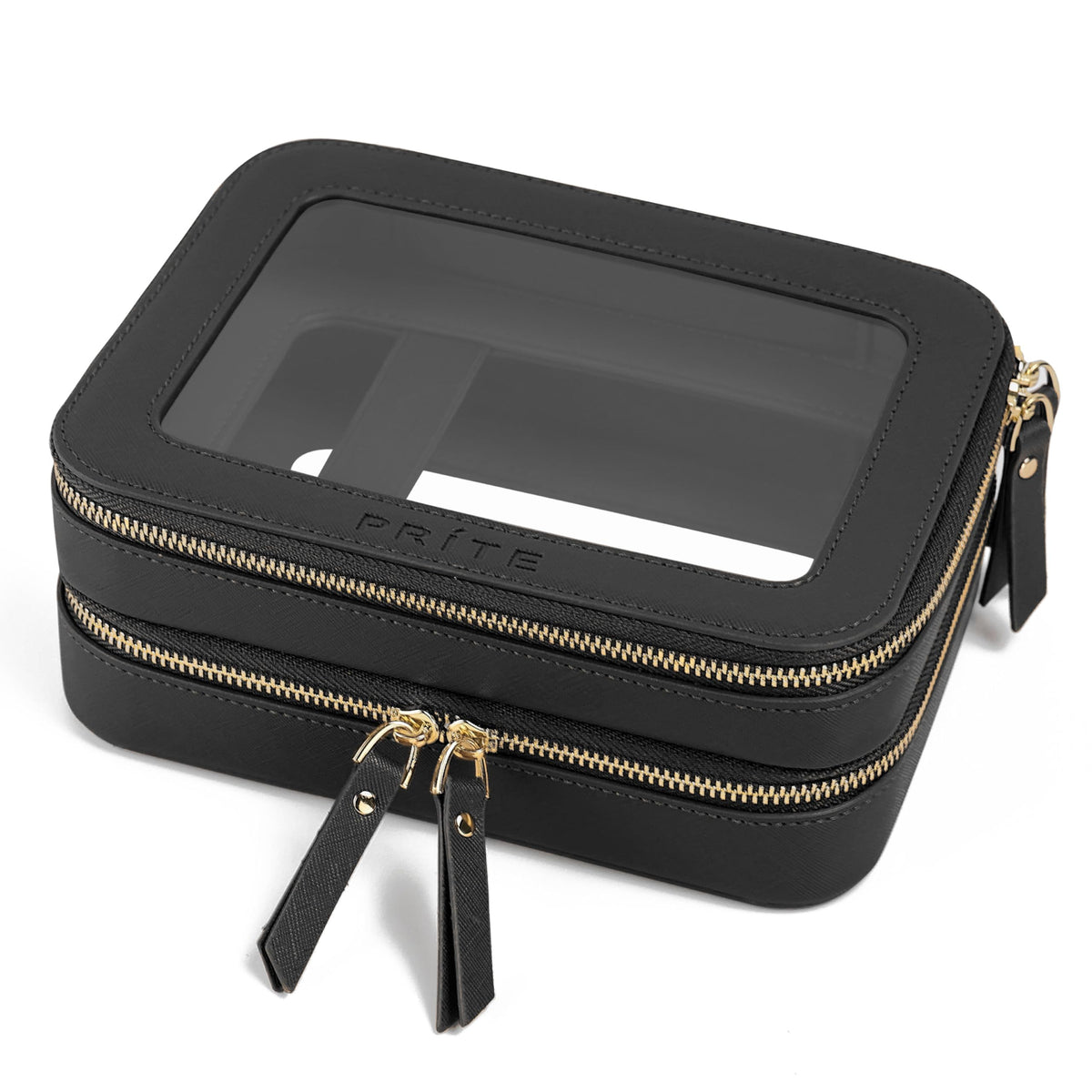 Prite bolsa maquillaje transparente de doble capa para organización rápida de cosméticos