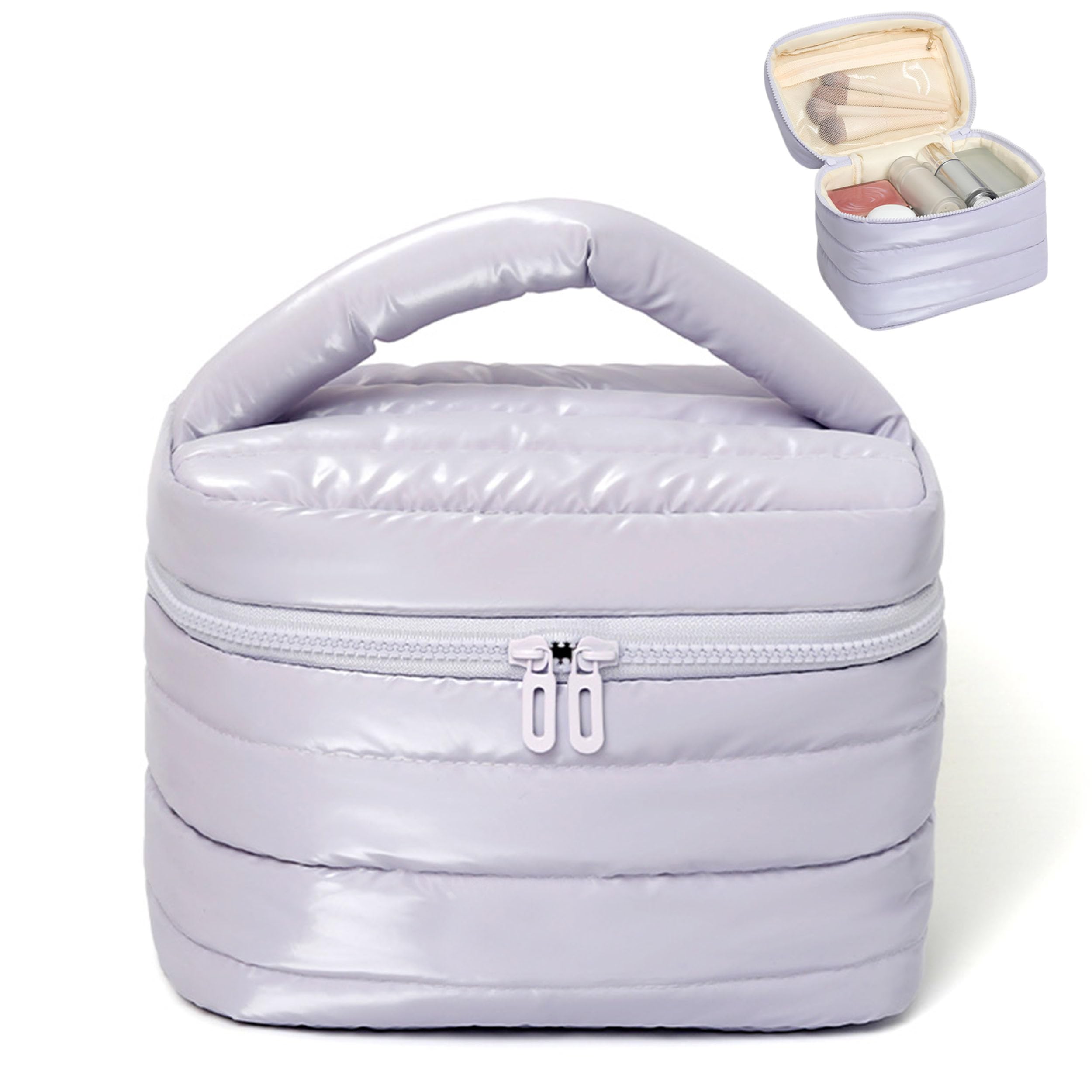 Prite bolso de maquillaje violeta frontal, organización elegante para tus esenciales