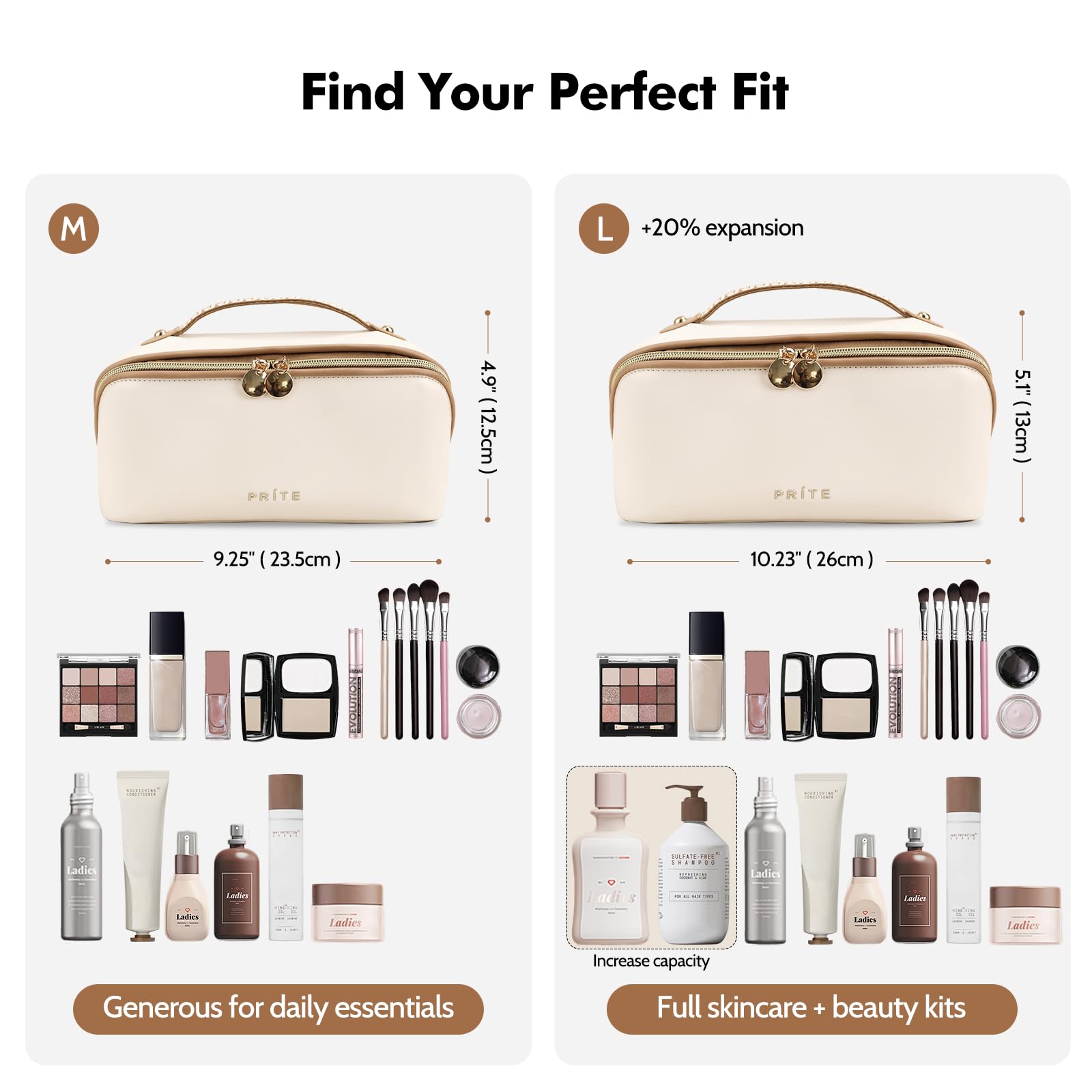 Prite neceser maquillaje mujer abierto interior — acceso rápido a cosméticos y brochas.