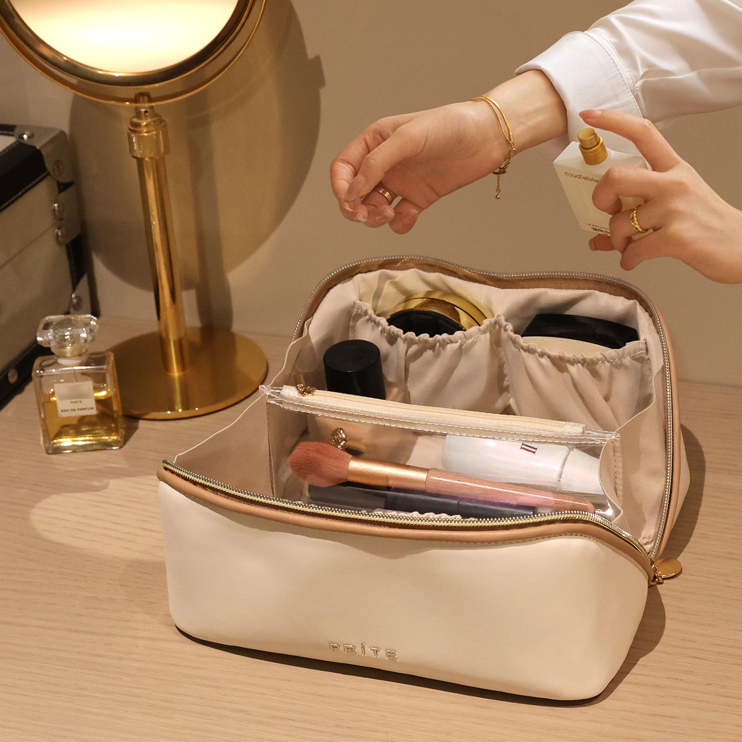Prite neceser maquillaje mujer gran capacidad — espacio para paletas delicadas y botellas.
