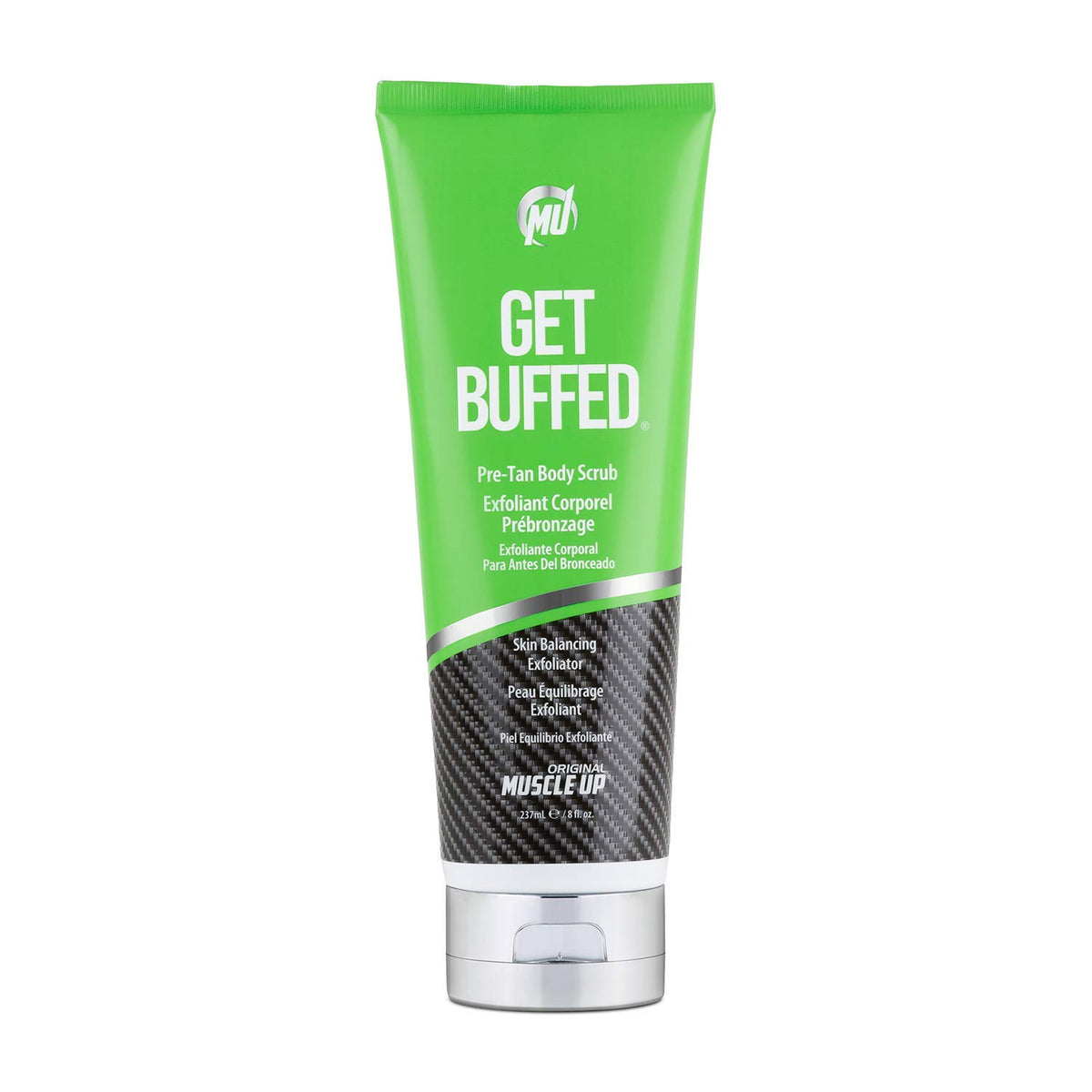 Pro Tan Get Buffed exfoliante corporal en frasco, textura suave para exfoliar y balancear la piel.