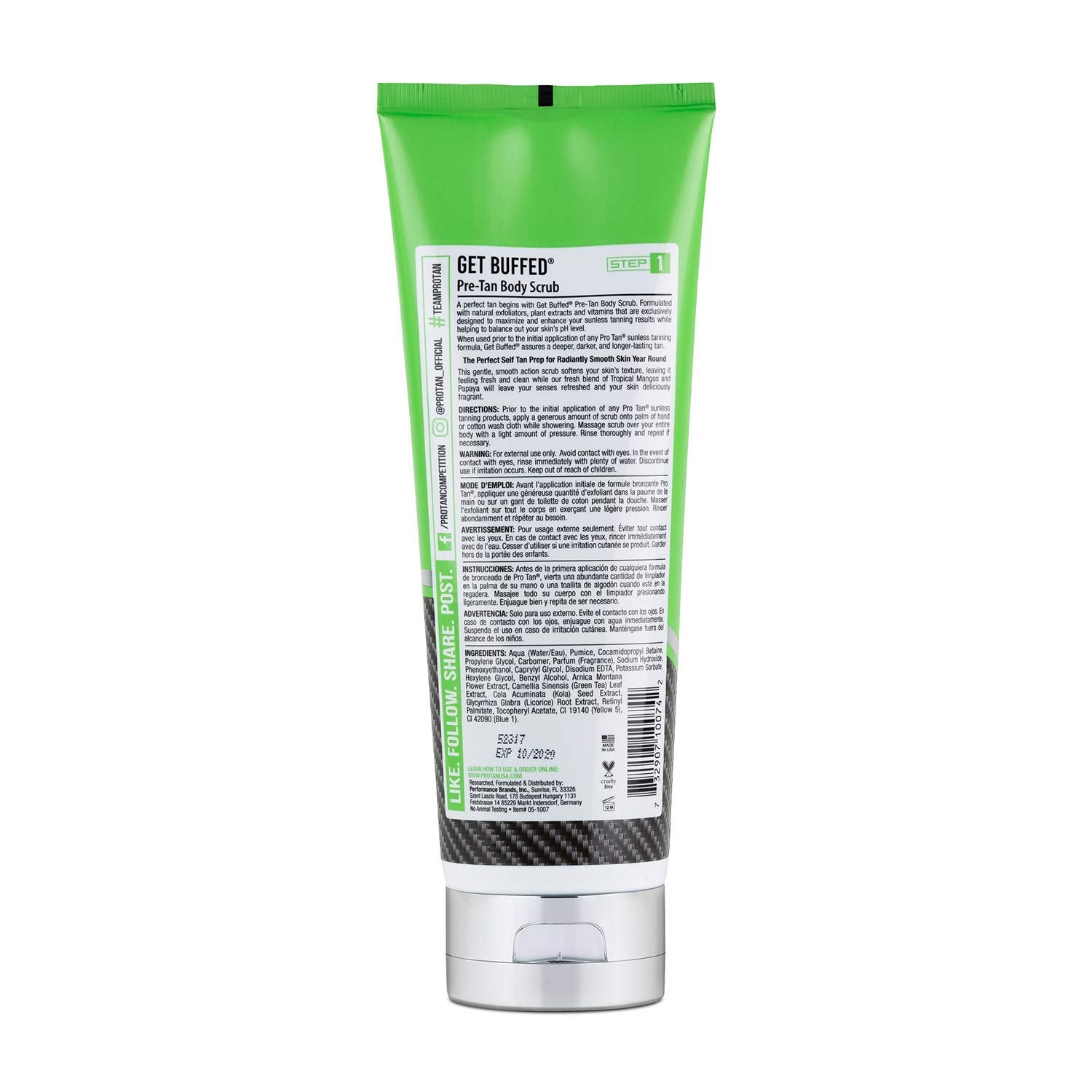 Pro Tan Get Buffed exfoliante, textura tropical, realza color y prepara la piel para el bronceado.