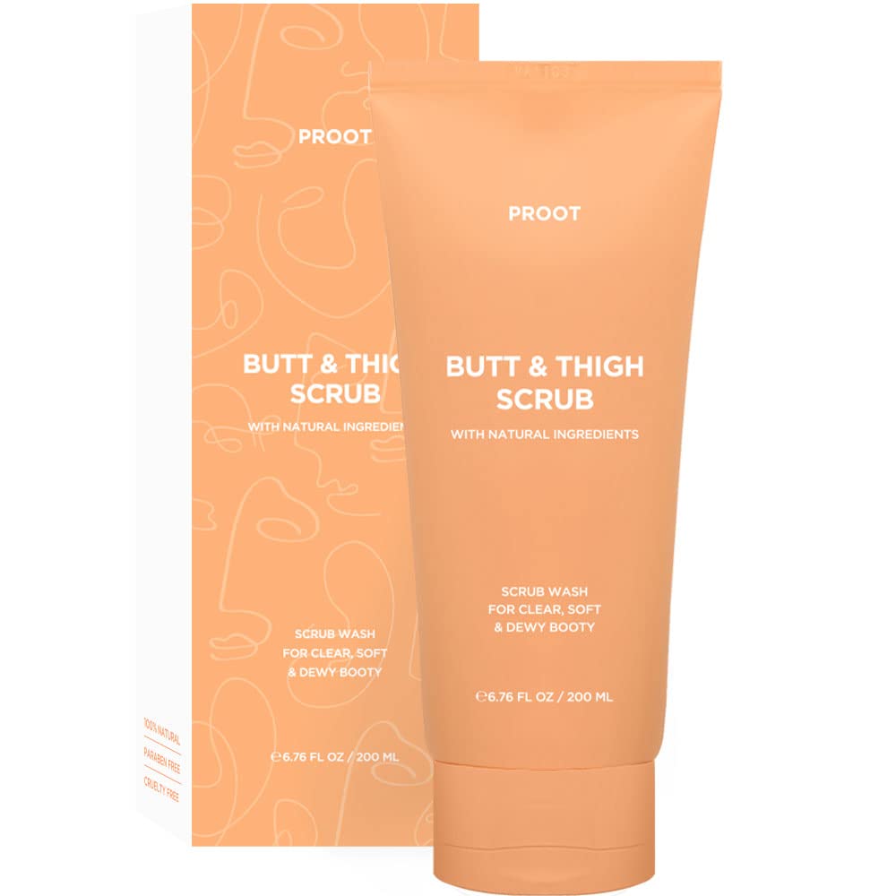 PROOT Exfoliante para glúteos, botella vertiendo producto para exfoliar y suavizar la piel