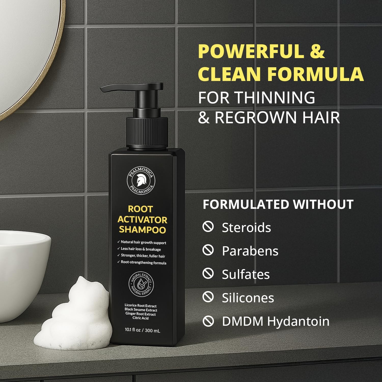 Psalmonica Root Activator Champú, apto para mujeres y hombres con cabello fino.