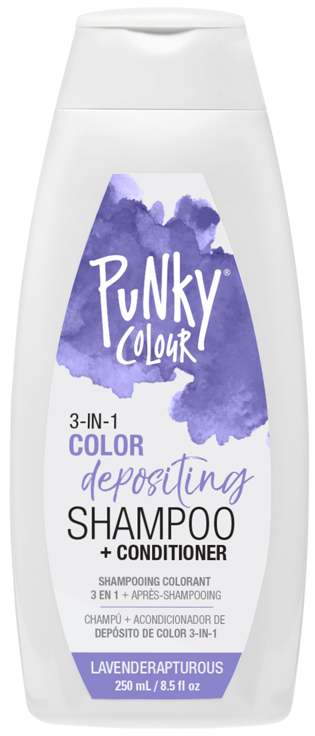 Punky Color 3-en-1 Lavanda: botella mostrando cuidado suave para color morado