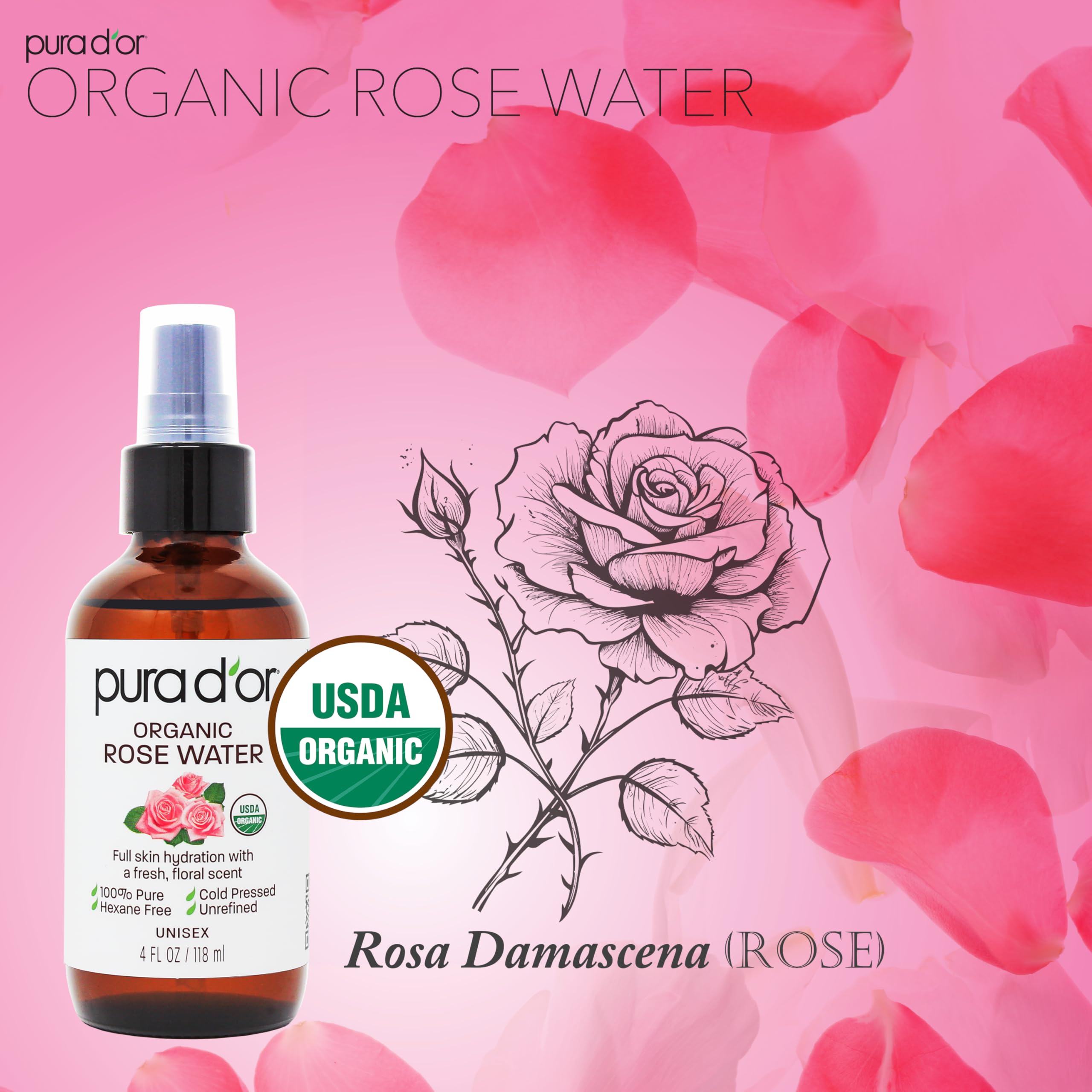 Hidratación prolongada con PURA D'OR tonico agua de rosas organica