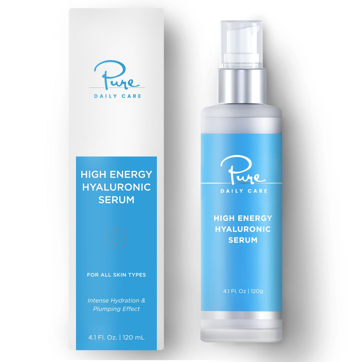 Pure Daily Care sérum hialurónico en botella 4oz, hidratación profunda para la piel.