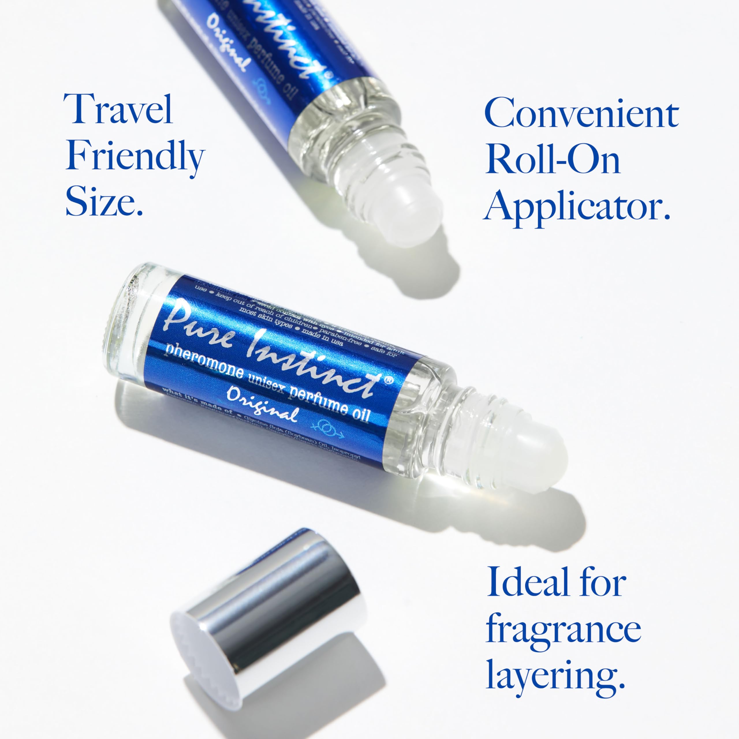 Pure Instinct Roll-On, frasco detalle muestra textura sedosa para masajes ligeros.