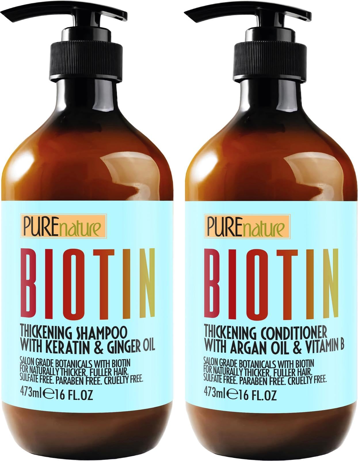 Pure Nature Lux Spa biotin shampoo bottle shows volume-boosting formula.